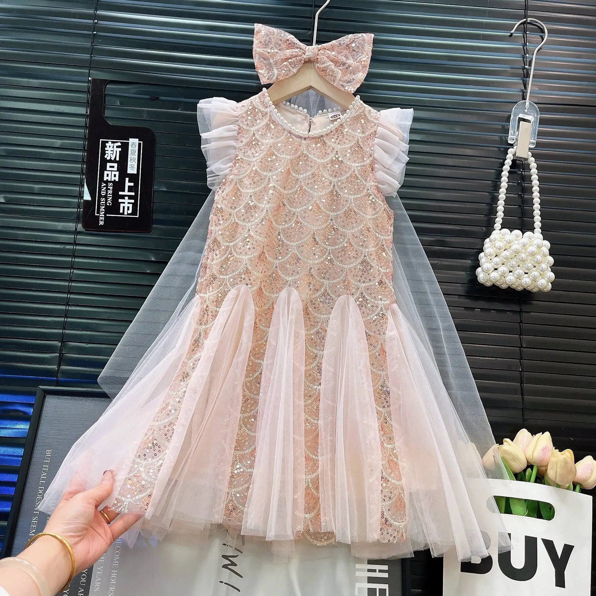 Girls Mermaid Princess Skirt Sparkling Sequins Fish Tail Dress Summer New Style Fashionable Little Girl Short Sleeve Midi Dress