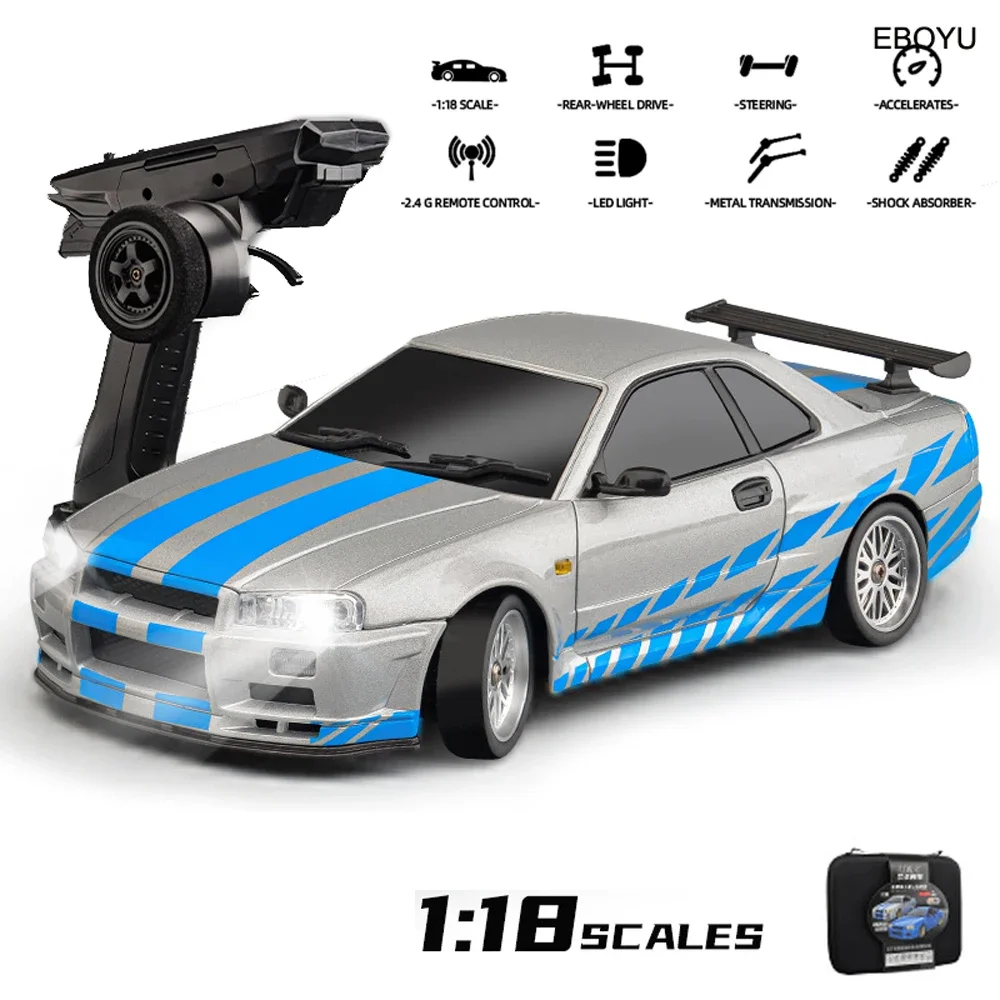 

EBOYU LDRC 1899 RC Drift Car 1/18 Full Proportional 2.4G RWD GTR R34 w/ Gyro LED Light On-Road Alloy Body Shell Racing Car Toys