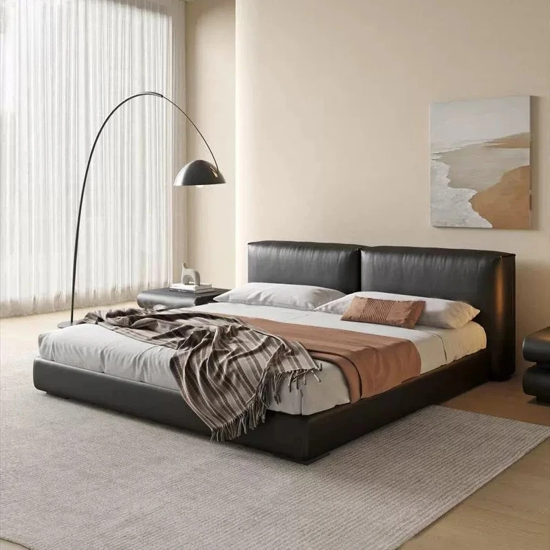 Floating Upholstered Leather Bed with Soft Headboard & Night Table Home Furniture with Storage Feature