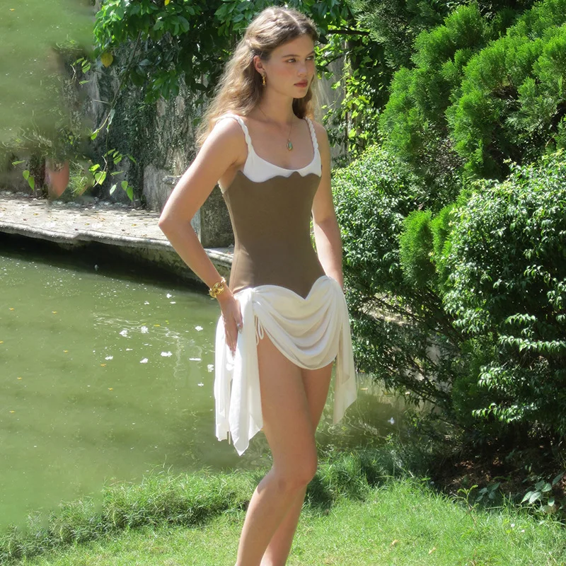 JHJN contraste Patchwork robe femmes dos nu Sexy froncé gland irrégulier sans manches minuit Club fête Mini moulante