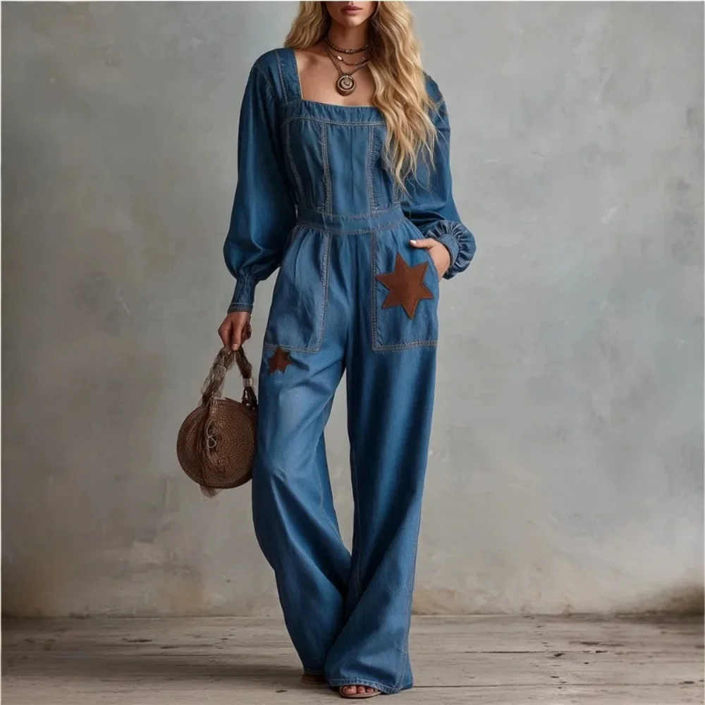 Women Retro Denim Jumpsuit High Waist Square Neck Star Patch Workwear
