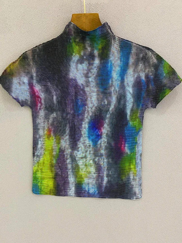 

YUDX плиссированная футболка с принтом, женская водолазка, пуловер с короткими рукавами, эластичные облегающие топы, новинка 2023 года, лето