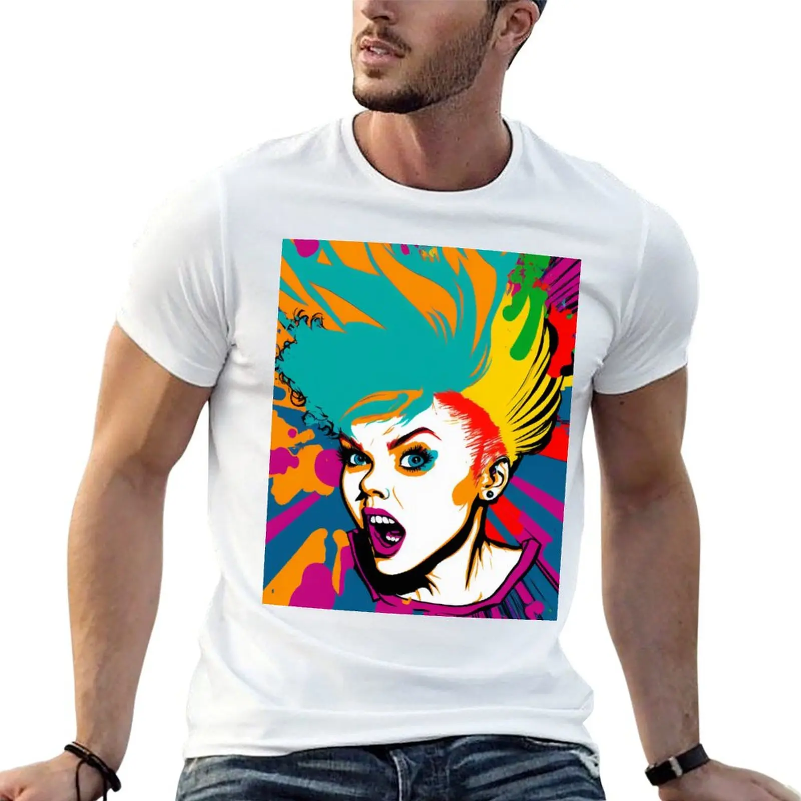 Colourful Pop Art Female Face T-Shirt Everyday Wear Basic Short Sleeve Top