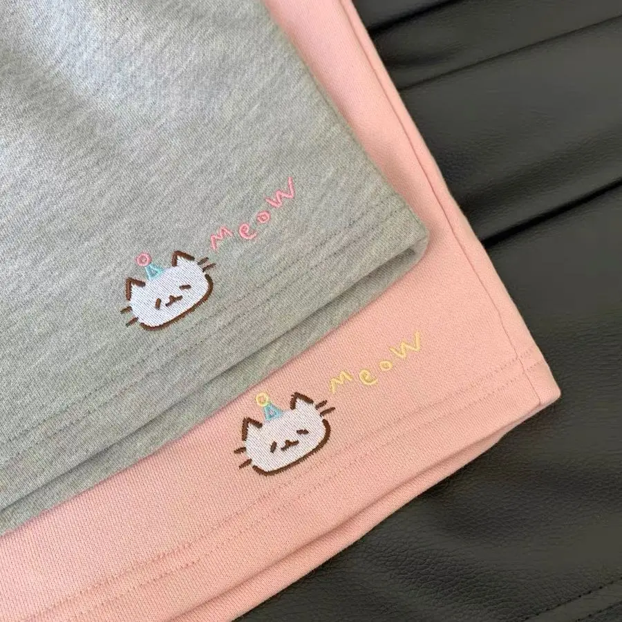Cat Embroidery All Match Shorts for Women Summer Korean Loose Student Casual Sports Elastic Waist Wide Leg Shorts Y2k Shorts