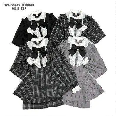 SC Suit  Sweet Outfits Japanese Mine Plaid Long Sleeve Shirt Spring AutumnBow Tie Chain Mass-Produced Dress and Culottes Set