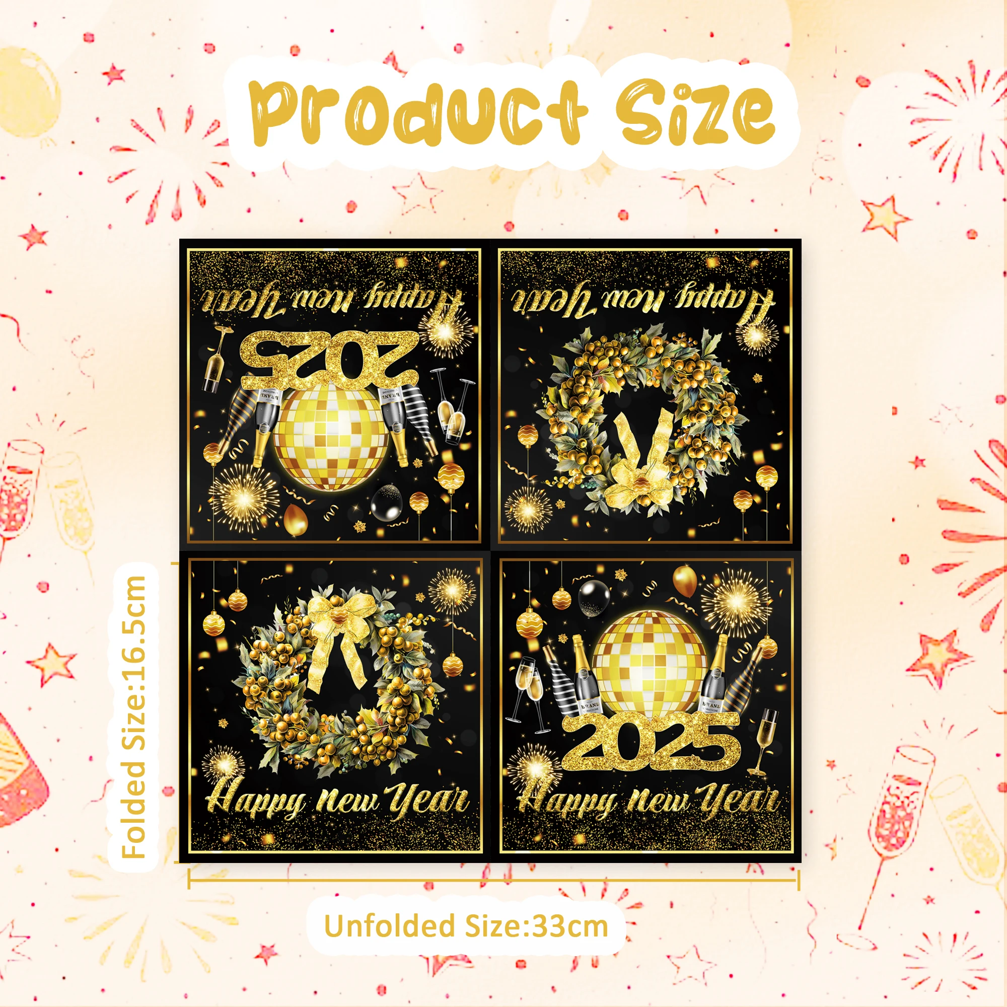 Happy New Year Napkins New Year Eve Decorations Black Gold Paper Napkins Serviettes for 2025 New Years Eve Party Tableware