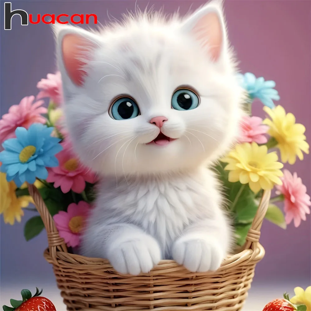 

Huacan Full Square Round Drill Diamond Painting Kitten Flower Basket Diamond Mosaic Animal Set Home Decoration