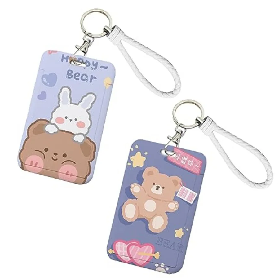 

2 Pcs Kpop Photocard Holder Keychain With Cute Bear Bunny ID Badge Holder and Reel - Stationery for Back to School Student Bus