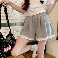 女性用レースパッチワークショーツ,ハイエラスティックウエスト,韓国のファッション,ソフト,カジュアル,毎日,ルーズ,ガーメント,縮小,トレーニング