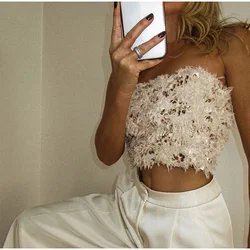 Sequins Faux Fur Top Corset For Women Glitter Sleeveless Backless Zipper Evening Party Crop Tube Tops Female Off Shoulder Tops