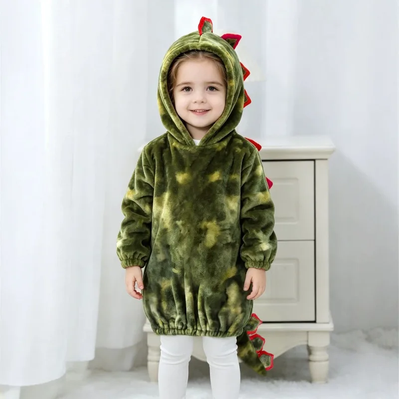 Newborn Baby Clothes Cute Green Camo Dinosaur Baby Romper Hooded Fleece Jumpsuit Infant Toddler Cosplay Costume Long Tail Outfit