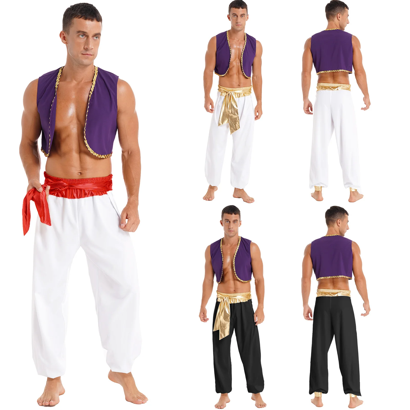 Men's Arabian Prince Cosplay Costumes Sequin Trim Waistcoat with Belted Pants Outfit for Halloween Masquerade Party Costume