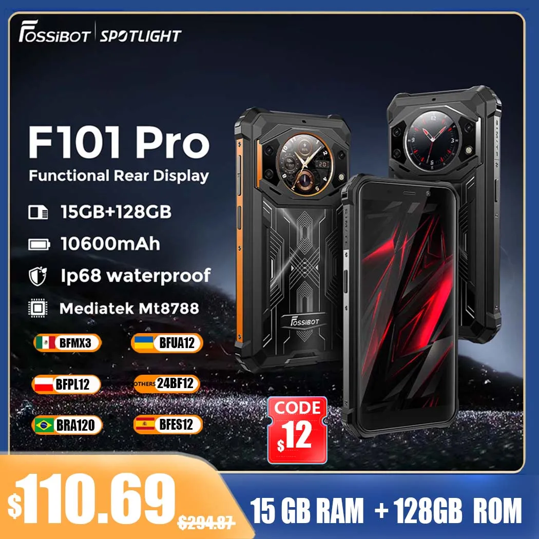 Fossibot F101Pro Rugged Smartphone 15GB+128GB Android 13 IP68 Waterproof Mobile Phone 10600mAh NFC Cell Phone Global Version