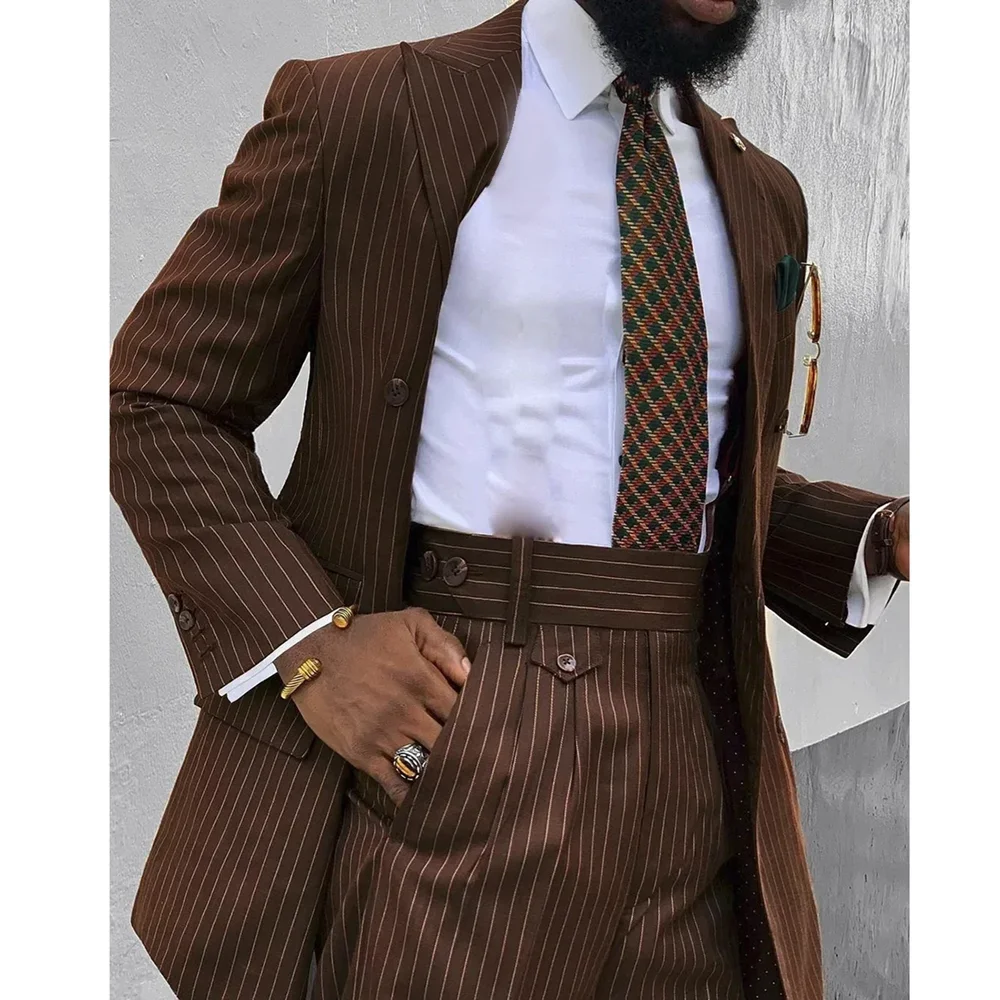 Brown Stripe Men Suits 2 Piece Chic Double Breasted Business Casual Outfits Fashion Peak Lapel Wedding Tuxedo (Jacket+Pants)