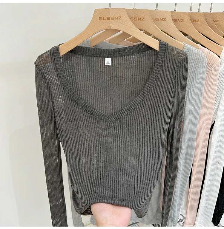 2026 Sommer Neuer Lässiger Stil Transparentes Dünnes Durchsichtiges Überzug-Top Damen T-Shirt V-Ausschnitt Sonnenschutz Langarm T-Shirt – Detail 24