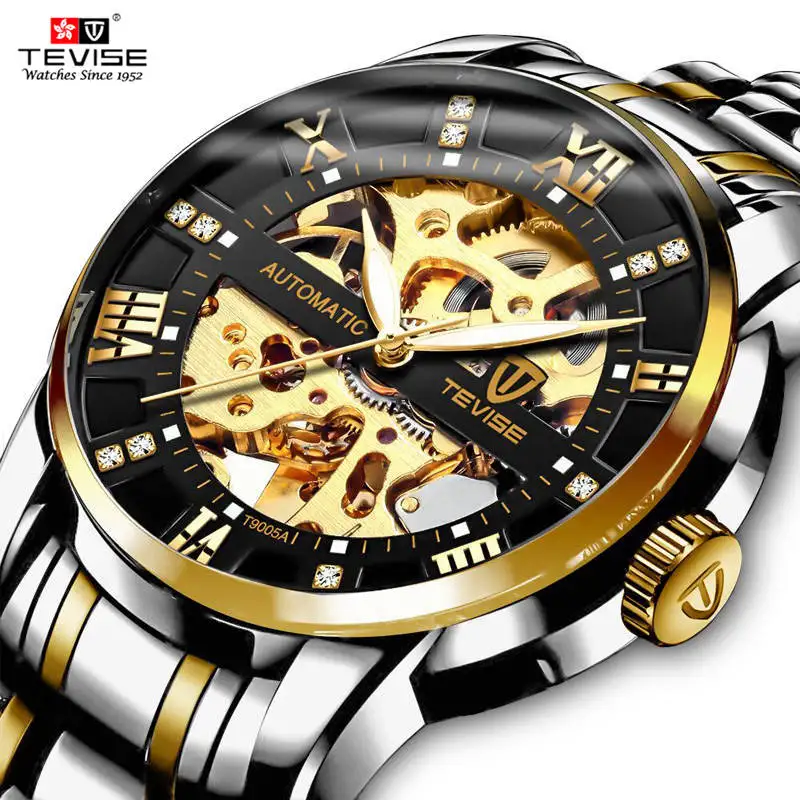 Fashion Tevise Top Brand Automatic Skeleton Full Stainless Steel  Diamond Scale Luminous Hands Men Mechanical Classic Watches