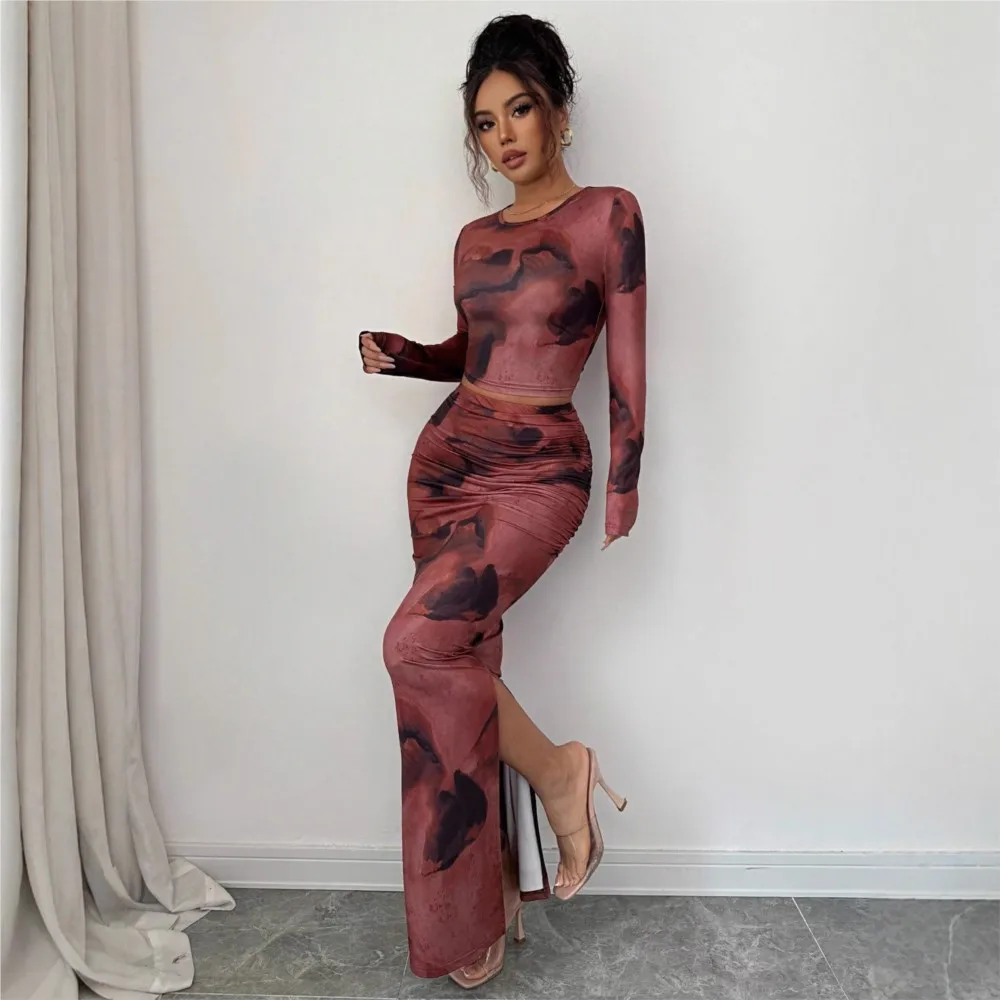 

Tie-dyed Long-sleeved T-shirt Skirt 2-piece Spring Summer Women's Fashion Tight Long Skirt Suit Костюм Женский Conjuntos Mujer
