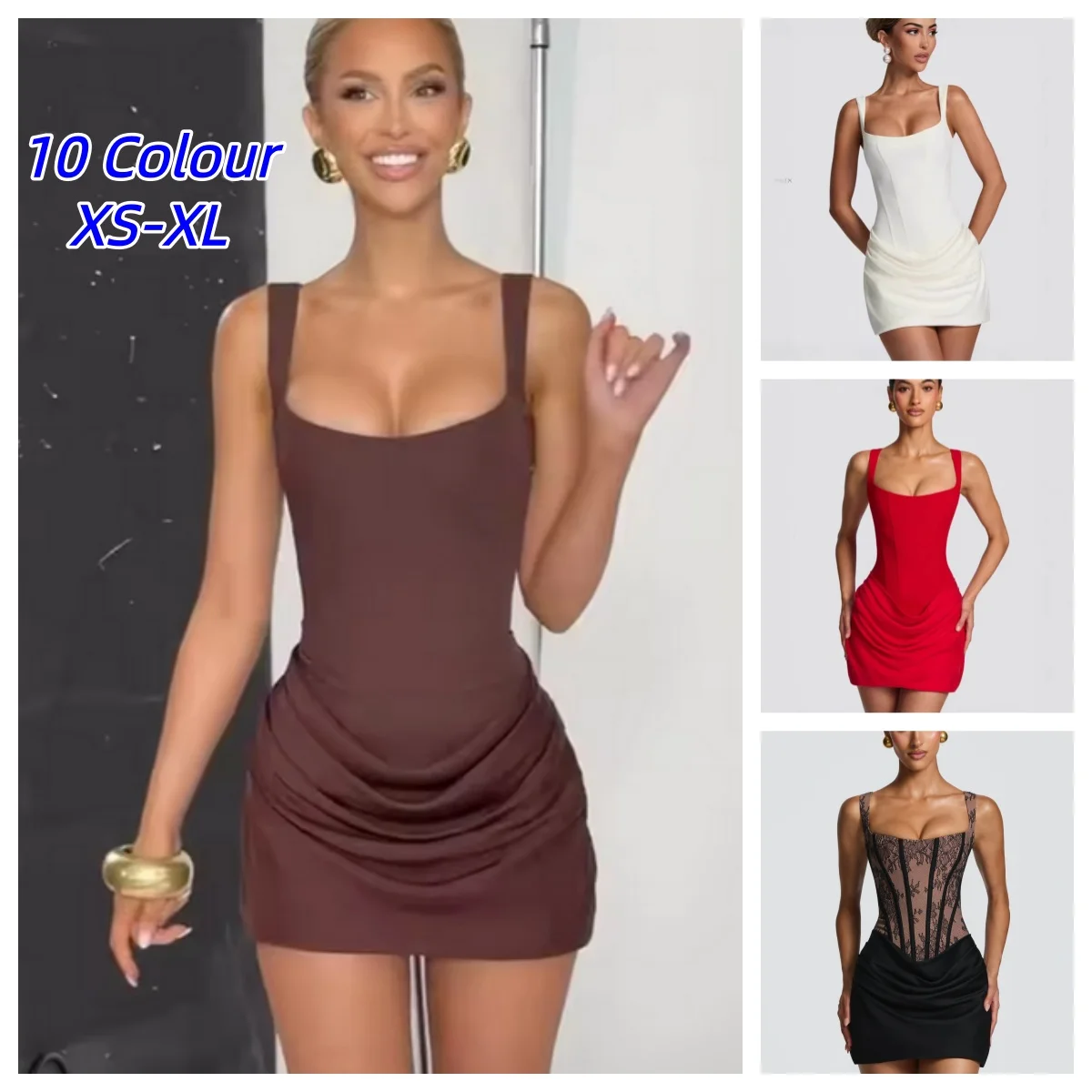 Sexy Quadratischer Ausschnitt Neckholder-Minikleid Damen Plissiertes Ärmelloses Rückenfreies Hochgeschnittenes Bodycon-Kleid 2026 Neues Sommer-Partykleid