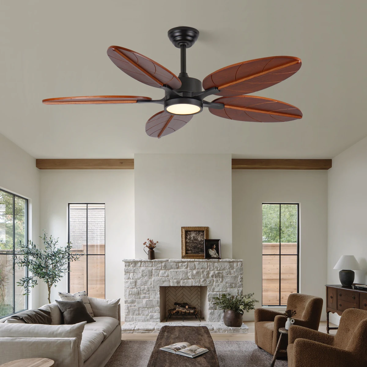 52 Inch Decorative Tropical Ceiling Fan with Light and Remote, Palm‑Leaf Blades, Reversible Indoor & Covered‑Outdoor Ceiling Fan for Patio, Living Room   WL