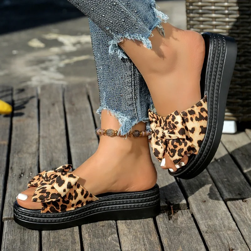 

Slippers Women Summer New Round Toe Women's Bow Tie Outdoor Platform Casual Sandals Woman Leopard Shallow Flat Slipper