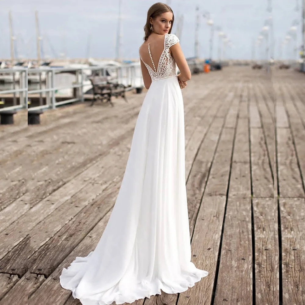 Summer Boho Wedding Dresses Lace Beach Bridal Gowns V Neckline Cap Sleeves Dress for Illusion Back Vestido de novia