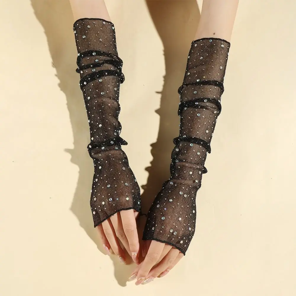 Breathable Summer Lace Gloves Shiny Drill Mesh Yarn Long Fingerless Gloves Arm Cover Sunscreen Arm Sleeves Outdoor Sports