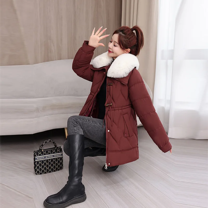 Women Mid Lenth Parkas Coats Oversize Jackets Solid Fur Collar Zipper Drawstring Elastic Loose Casual Elegant Autumn Winter 2025