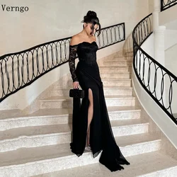 Verngo Black Lace Evening Dresses Off The Shoulder Mermaid Sexy SidE Slit Prom Party Dress Zipper Saudi Arabic Formal Prom Gown