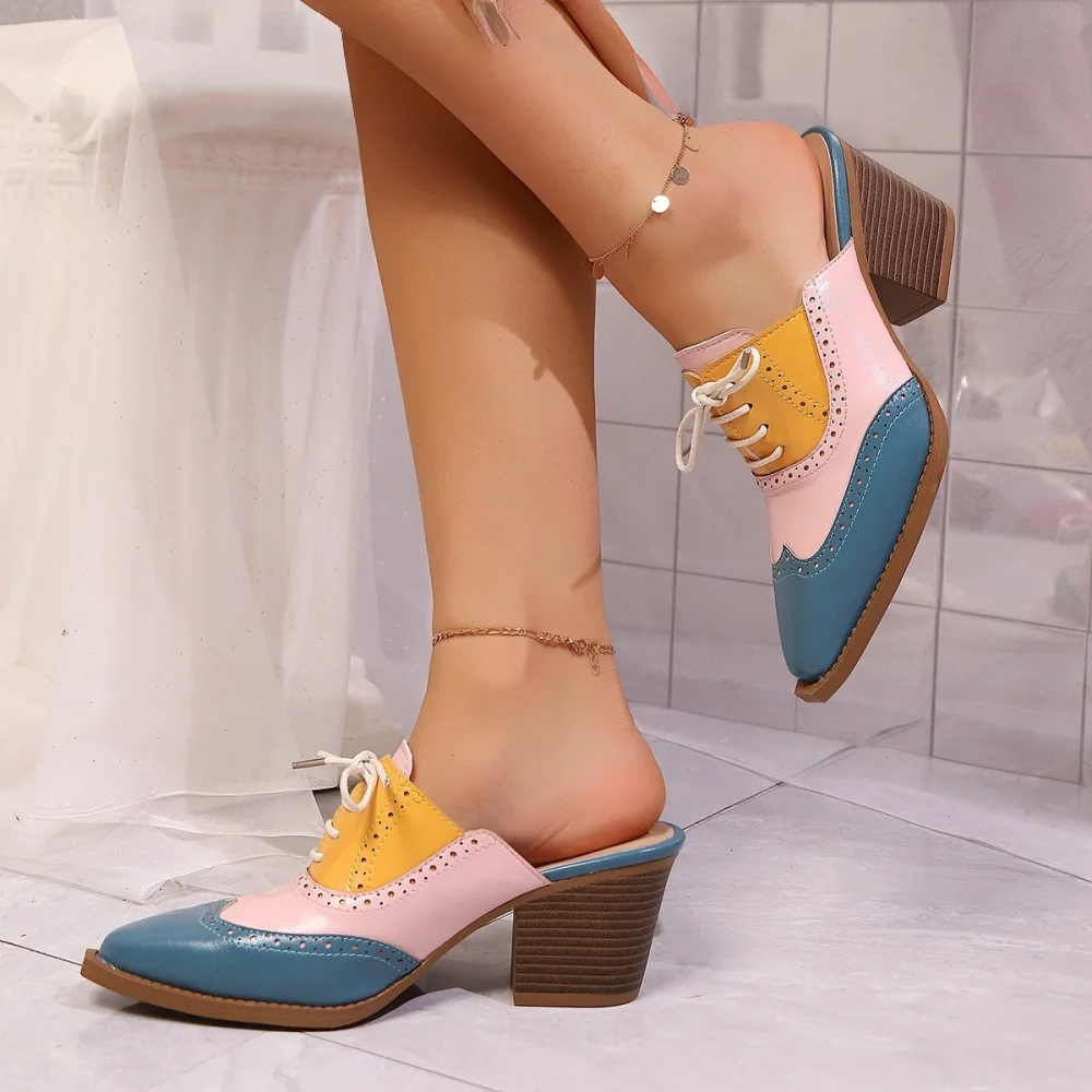 

Fashion Color-blocked High-heeled Sandals, Chunky Heel Pointed Toe Lace-up Women's Sandals, Breathable Summer Slippers