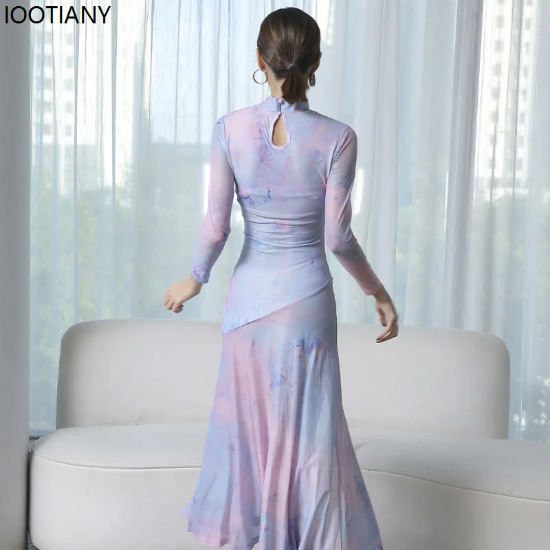 Women Sexy Hollow Performance Costume Cheongsam Stand-up Collar Classical Showing Outfit Mesh Printing High Slit Training Suit