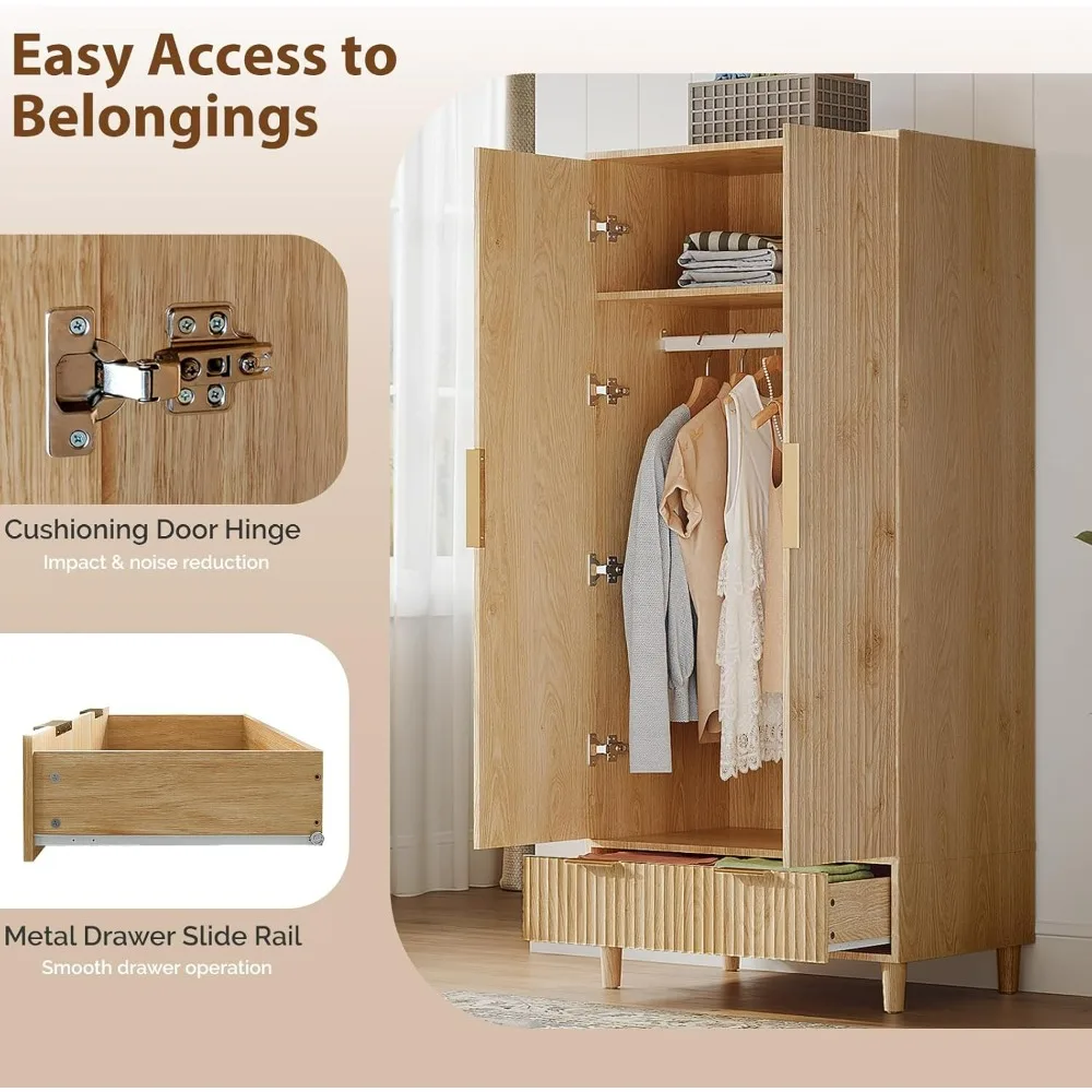 Oak Wood Fluted Wardrobe with Doors, Drawers, and Hanging Rack for Bedroom Storage