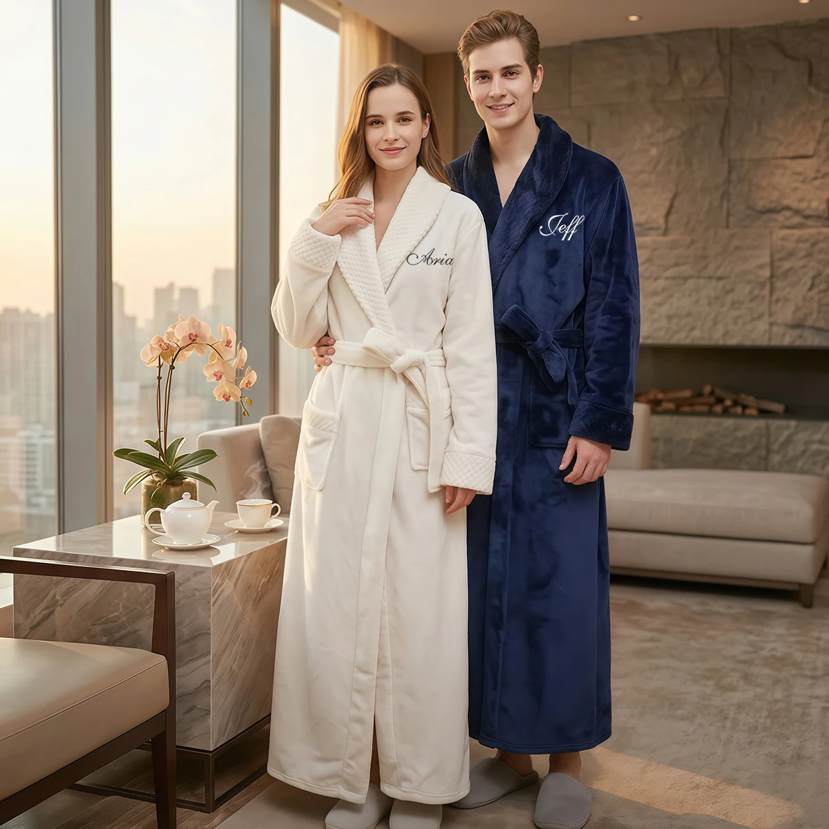 Personalized Couple Bathrobes | Custom Name Embroidery Matching Robes | Navy & White Fleece Sleepwear