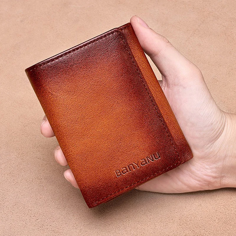 Genuine Leather Trifold Men's Wallet RFID Cowhide Retro Short Card Holder Casual Male Purse Vertical Money Bag Wallet for Men