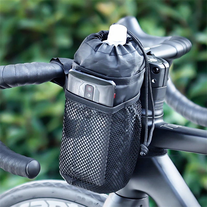 Bicycle Bag Bike Bottle Holder Handlebar Stem Thermal Bag with Mesh Pocket Coffee Cup Holders Bicycle Handlebar Bag Accessories