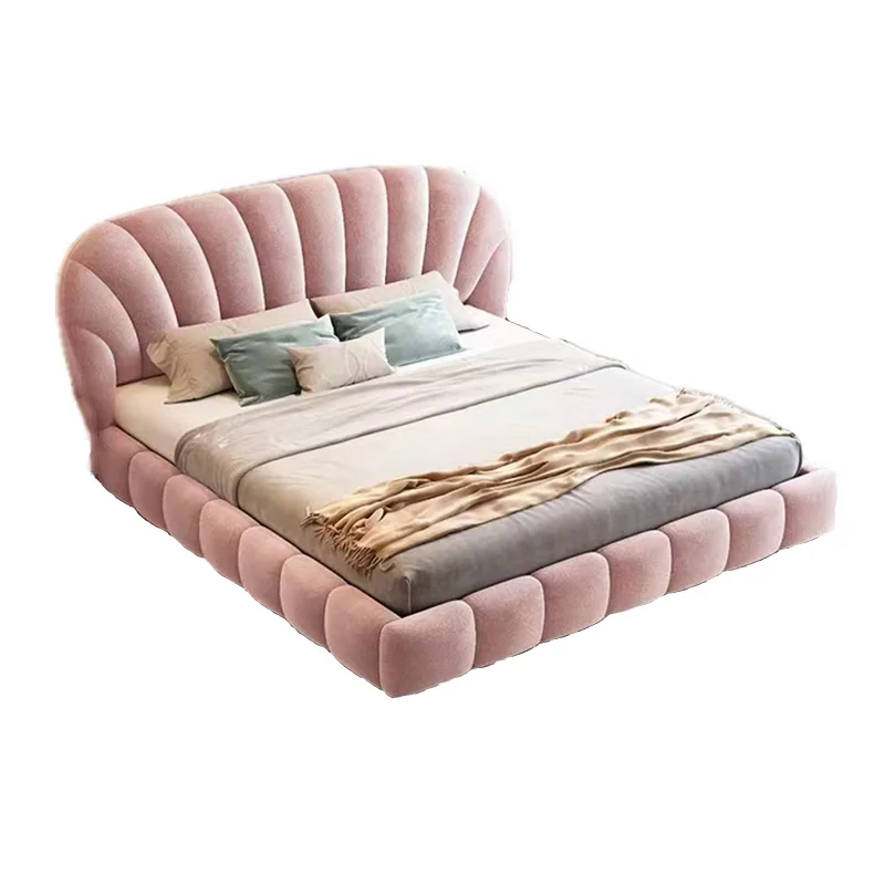 #For High Quality French Shell Bed Light Luxury Bedroom Double Queen Girl Pink Sweet Soft Fabric King Bed Frame