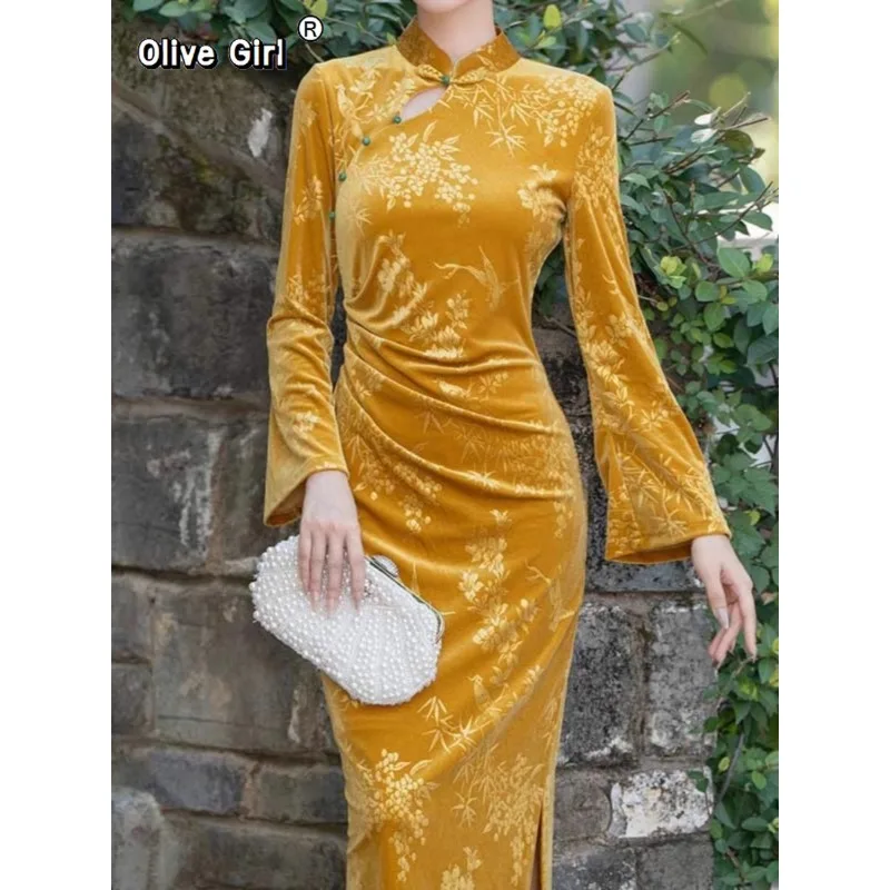 

Olivegirl Chinese Dress Qipao 2026 Spring Gold Improved Velvet Waist Long Daily Young Long-sleeved Cheongsam Dress