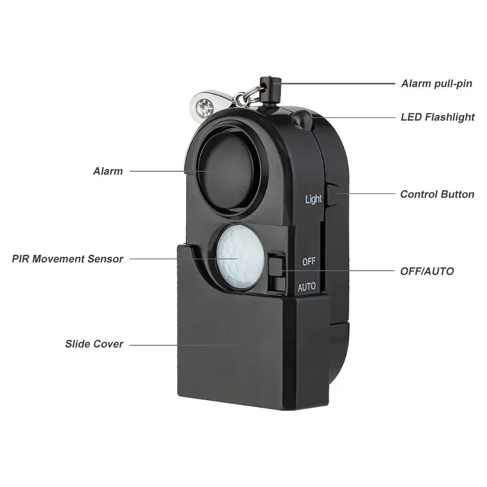แบบพกพา Mini Motion Detector Alarm 120DB ไซเรน SOS ไฟฉาย LED Light Security Alarm สําหรับ Travel Home เด็กปลอดภัยสัญญาณเตือนภัยส่วนบุคคล