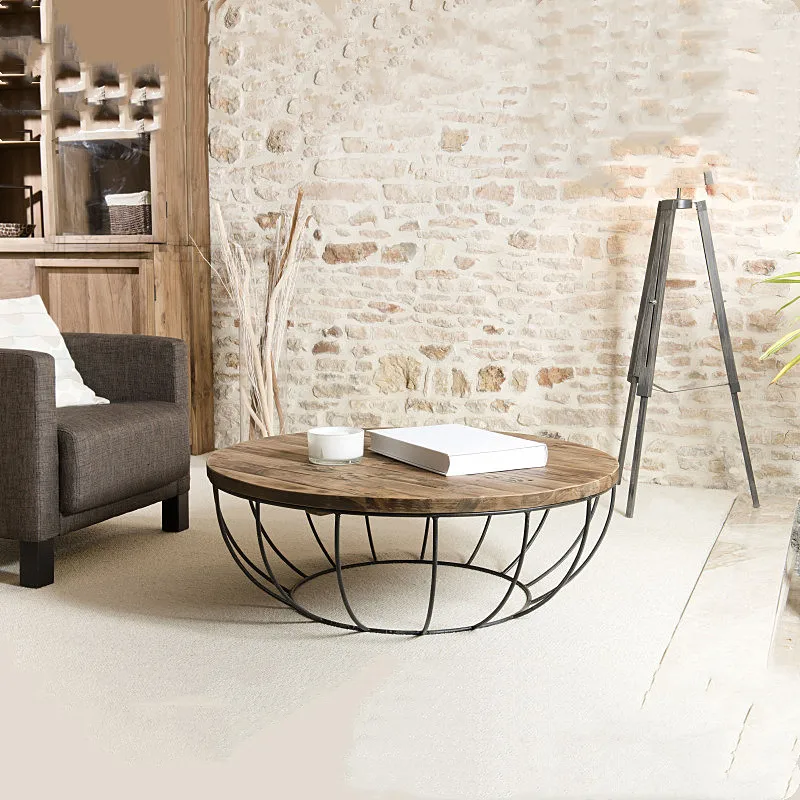 American designer retro wrought iron solid wood coffee table geometric creative size apartment round coffee table side table sim
