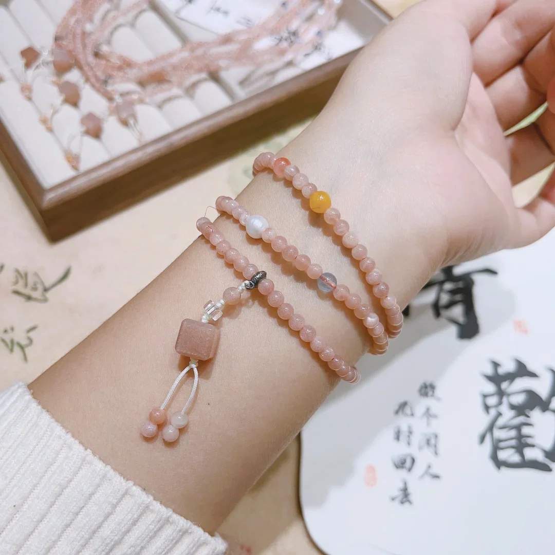 Natural Sunstone Pearl Jade Bracelet Three Circles Round Beads Necklace DIY Fashion High-grade Jewelry Mom Girlfriend Gift