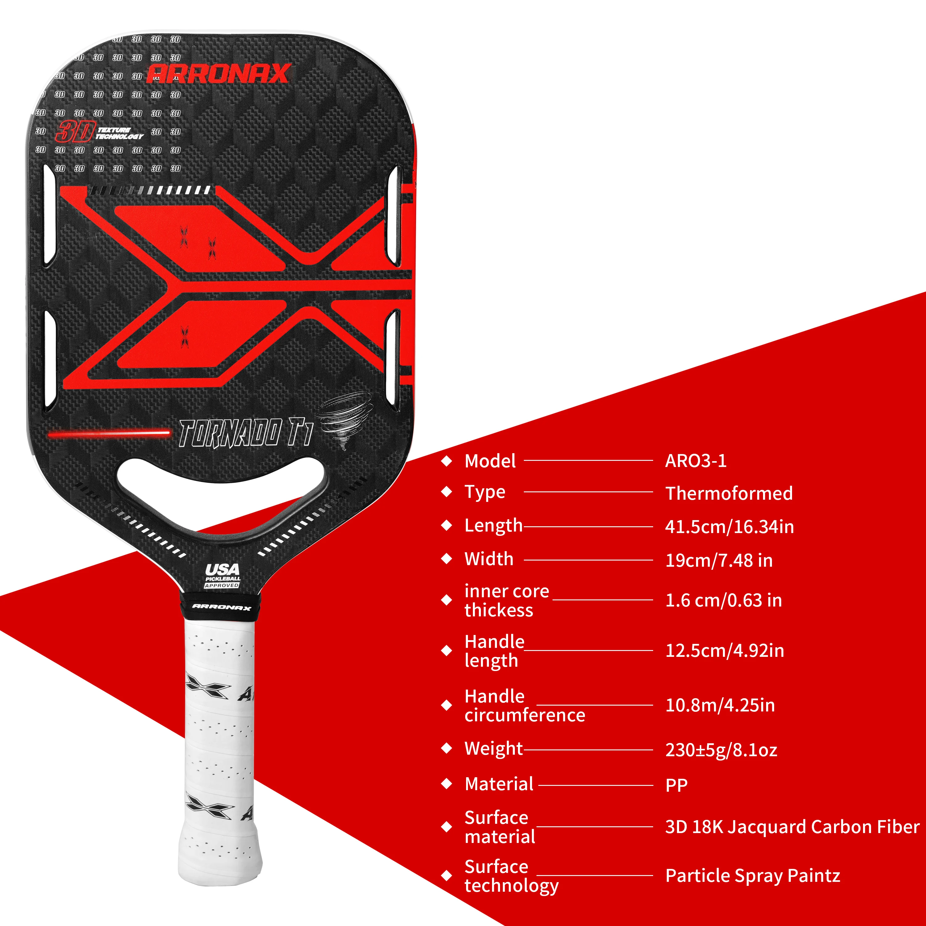 ARRONAX 3D 18K Pickleball Paddle Desire Elongated Edgeless Carbon Fiber Textured Surface 16mm PP Core Pickleball Paddles