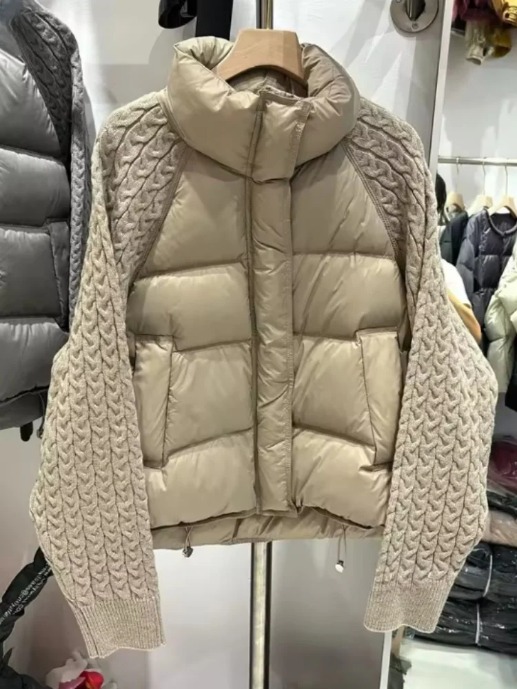 New Winter Turtleneck White Duck Down Jacket Women Patchwork Knitted Warm Drawstring Short  Puffer Coat Female  Parkas