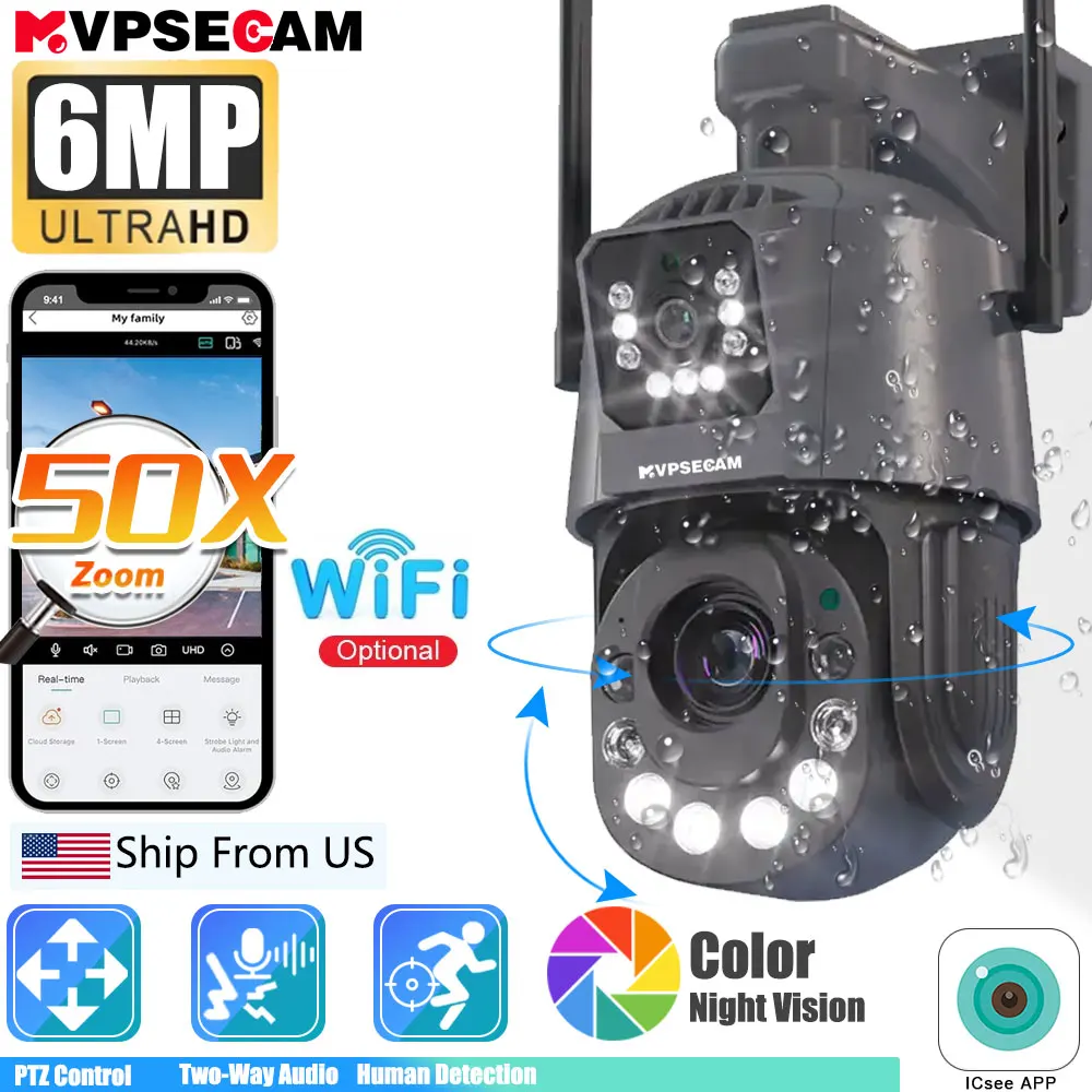 Outdoor Surveillance WiFi Camera 3K 6MP Dual Lens 50X Optical Zoom PTZ Human Detectio ICSEE Onvif 360° CCTV ICSee APP Camera