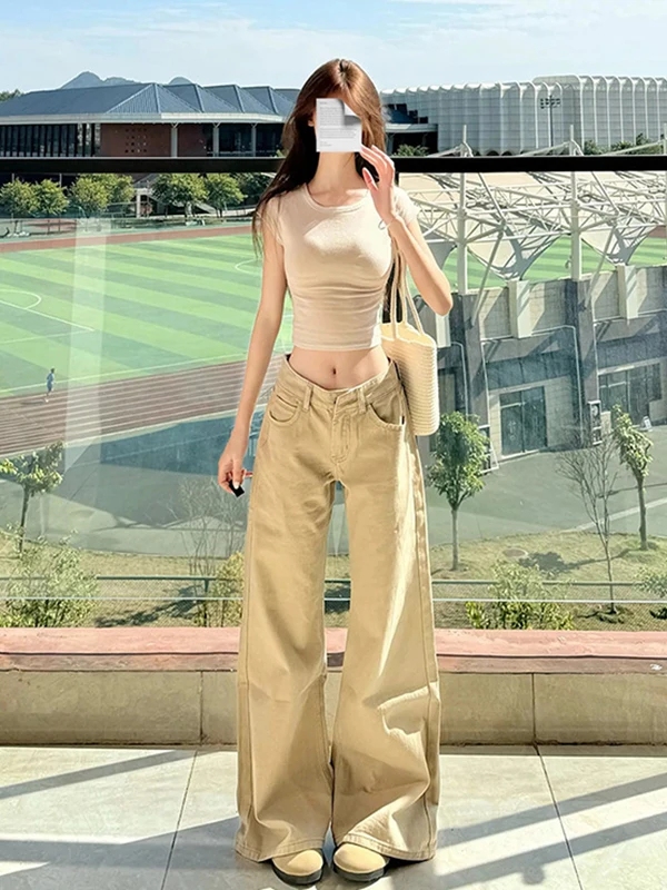 

American Sle Loose Wide Leg Jeans Women's Khaki Color Bell Bot Spring New Arrival Casual Low Waist ket Detail