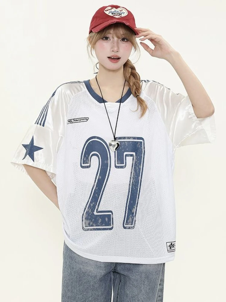 

Y2K T Shirt American Retro Letter Printed Loose Football Jersey Streetwear Casual Breathable Unisex Short Sleeve Oversized Tops