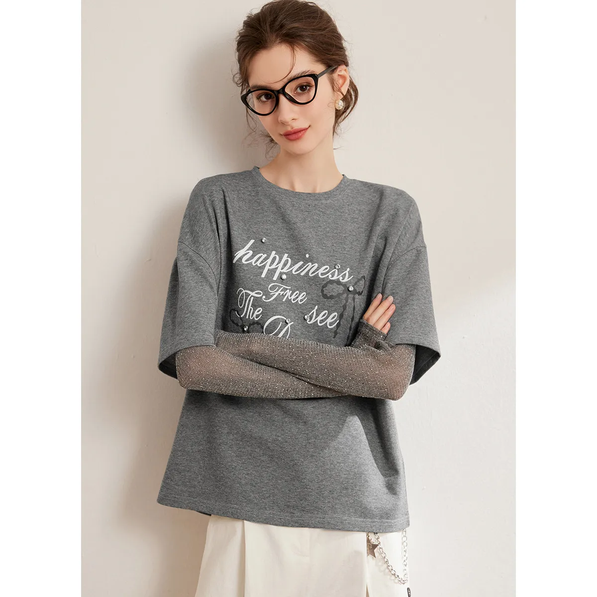 LOUIS YAO 2025 Fake Two Pieces Design T-shirt Casual Round Neck Printed Micro Elastic Loose Women's T-shirt