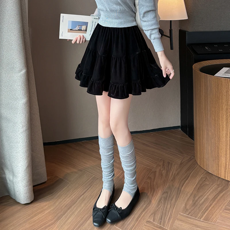 Seoulish outono inverno veludo bolo feminino mini saias 2025 nova alta wasit casual solto plissado skater saias curtas femininas