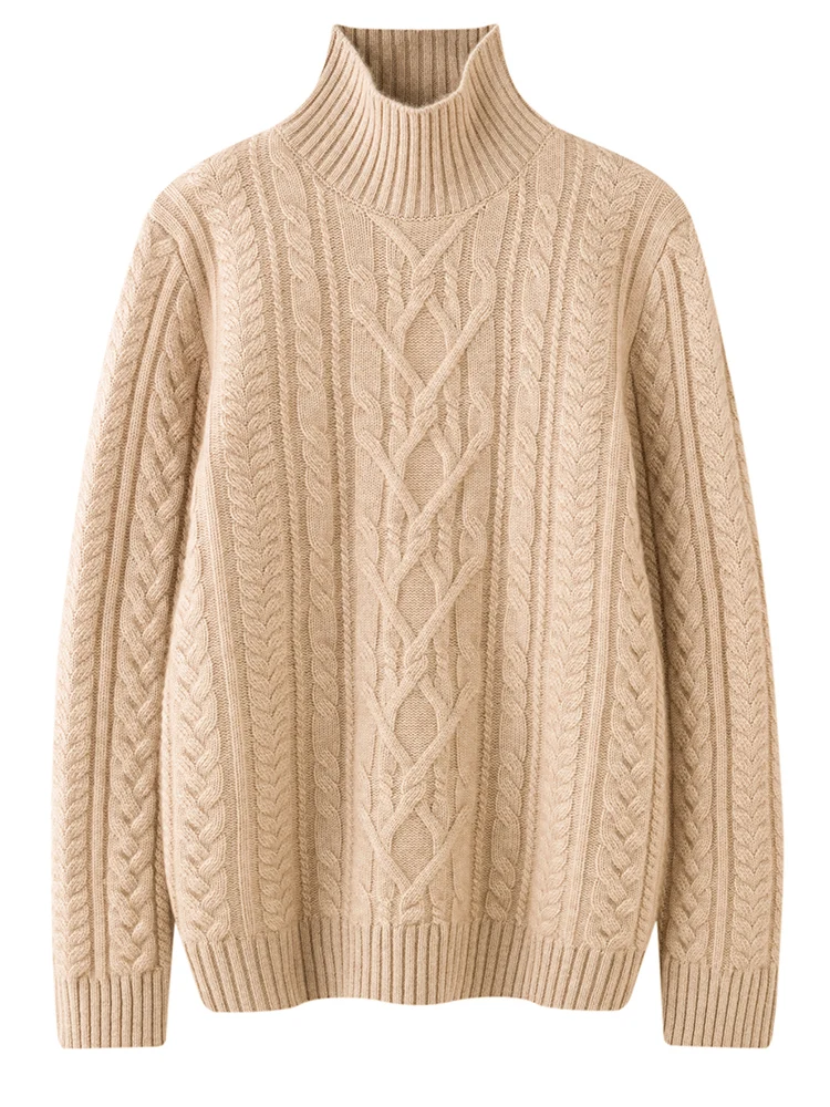 TLOML 여성용 100% 캐시미어 스웨터 목폴라 케이블 니트 풀오버 캐시미어 니트웨어 가을 겨울 부드럽고 따뜻한 루즈핏 상의