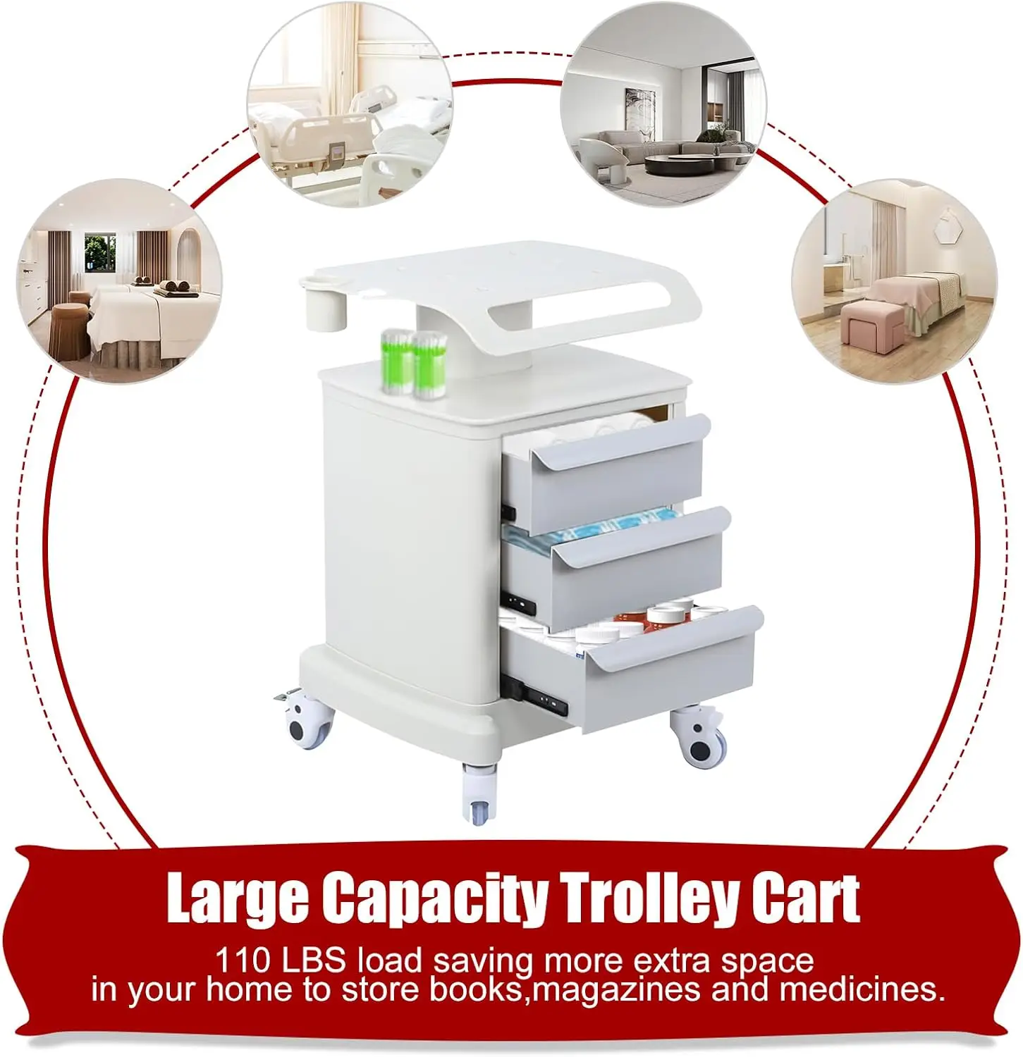 Medical Trolley, Dental Lab Mobile Cart Medical Trolley With 4 Wheels, Portable Auto-Water Bottle Supply Cart With 3 Drawers,