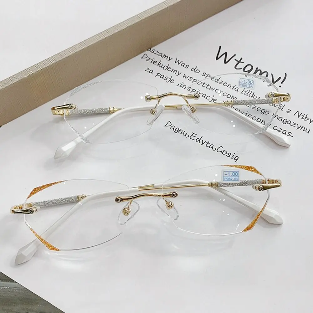 Myopia Glasses Luxury Women Rimless Diamond Cutting Frame Anti Blue Light Eyeglasses Prescription Eyewear Diopter -1.0 To -4.0