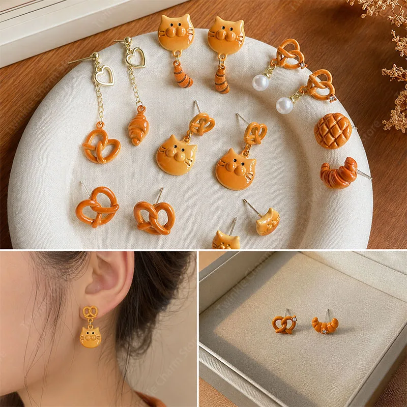 Fashion Croissant Pineapple Bun Pendant Stud Earrings Cute Caramel Bread Cat Earrings for Women Party Gifts Jewelry Accessories